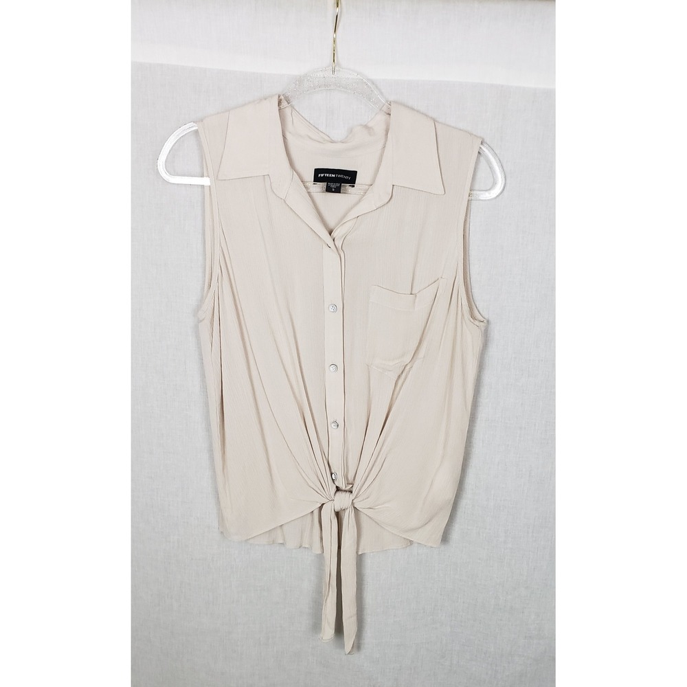 Fifteen Twenty Sleeveless Tie Front Button Blouse Top S Beige Tan Coastal
